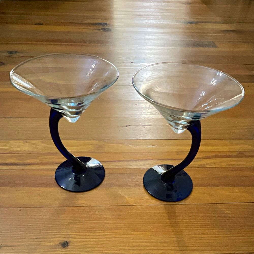 Libbey Bravura Martini Glasses Cobalt Blue Curved Stem Clear Bowl Set of 2